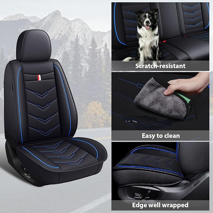 MVRVMV 5-Seat Car Seat Covers for Honda Pilot 2010-2026, Waterproof Non-Slip Wear-Resistant Leather Seat Cover (5 Seat Standard, Black-Blue)