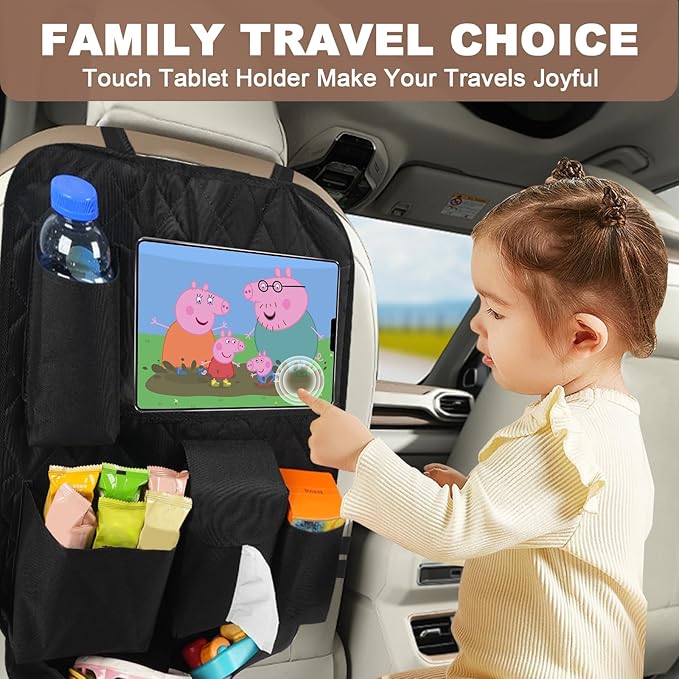 GMQ Backseat Car Organizer with Touch Screen,Kick Mats Back Seat Organizer for Kids,Multifunctional Seat Back Organizer Car Travel Accessories (Black, 2 PCS)