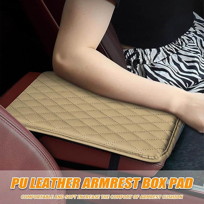 Car Center Console Cover, Leather Memory Foam Vehicle Arm Rest Cushion Pad, Waterproof Automotive Interior Armrest Seat Box Protector Accessories, Universal for SUV, Sedan, Truck (Beige)