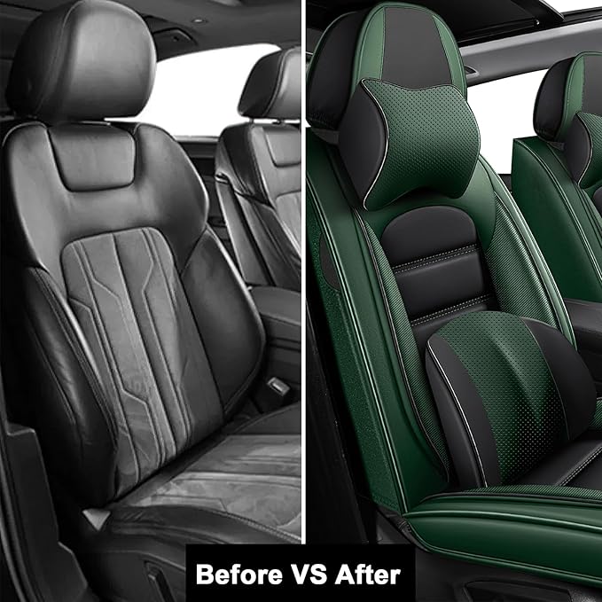AREKA 2 Car Seat Covers for Honda Civic 2002-2026 Breathable Leather,Waterproof Car Seat Protectors with Comfort Headrest Pillows,Automotive Vehicle Cushion with Storage Pockets (Luxury,Green)