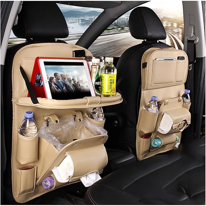 Leather Car Seat Back Organizer Tray Travel Car Storage Organizer Pad Bag with Foldable Table Car Trash Can Auto Accessories (Color : Beige)