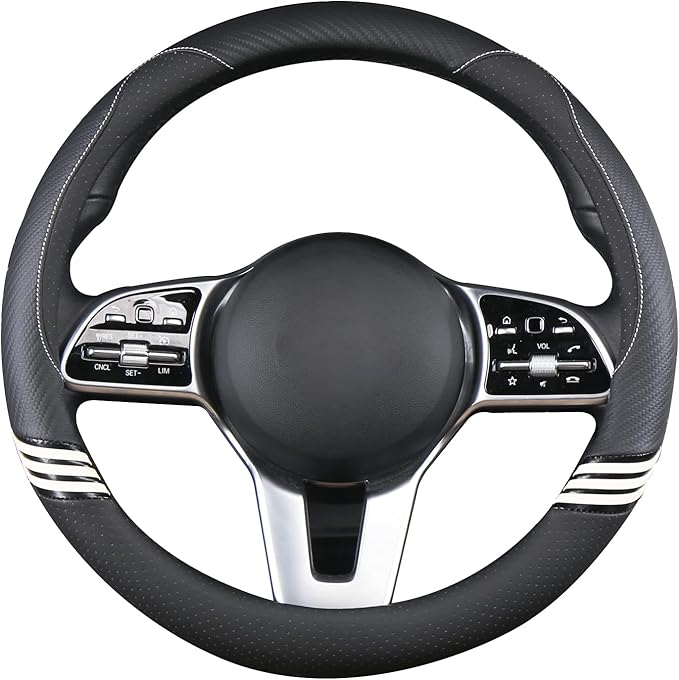 14 inch Cute Steering Wheel Cover for Women Men Faux Leather and Carbon Fiber,Black