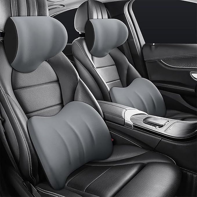 Car Headrest & Lumbar Support Cushion for Honda CRV 2023 2024 2025, Ergonomic Car Seat Headrest Memory Foam Neck and Back Pillow Kit Breathable Removable for Driving Fatigue Relief,B/Gray
