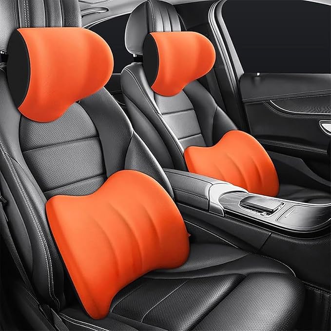 Car Headrest & Lumbar Support Cushion for Honda CRV 2023 2024 2025, Ergonomic Car Seat Headrest Memory Foam Neck and Back Pillow Kit Breathable Removable for Driving Fatigue Relief,E/Orange