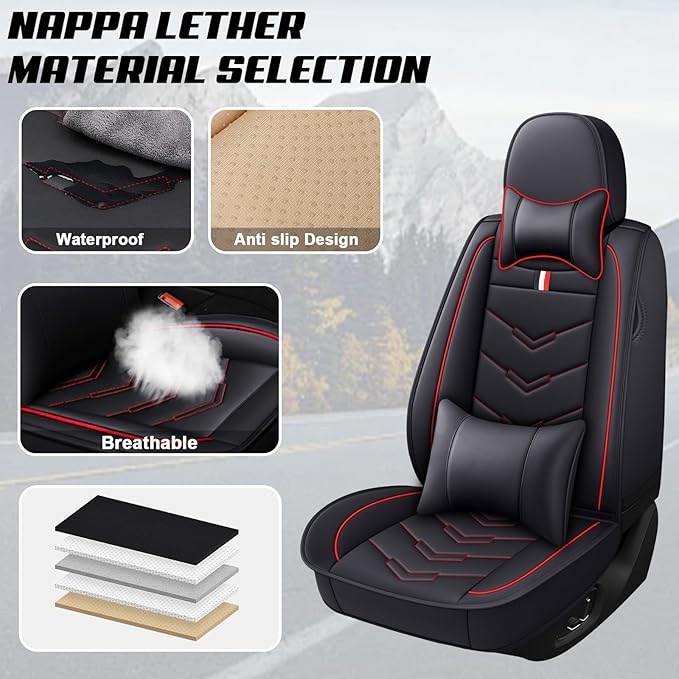 MVRVMV Luxury Car Seat Covers for Ford Explorer 2012-2026, Nappa Leather Auto Seat Cover with 2 Neck Pillows and 2 Lumbar Supports (2 Seat Luxury, Black-Red)
