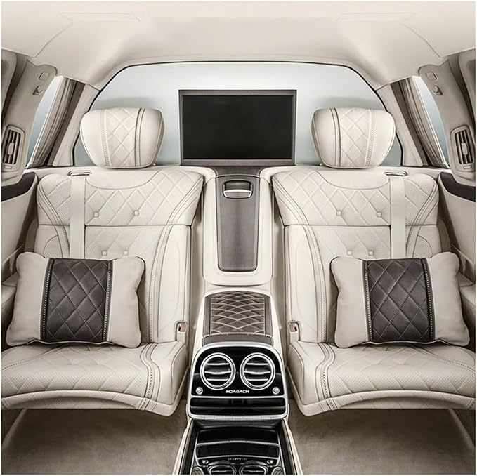 Luxury NAPPA Headrest Compatible For Mercedes Maybach S-Class Leather Lumbar Pillows Car Neck Travel Seat Cushion Support Car Accessories(Beige blue)