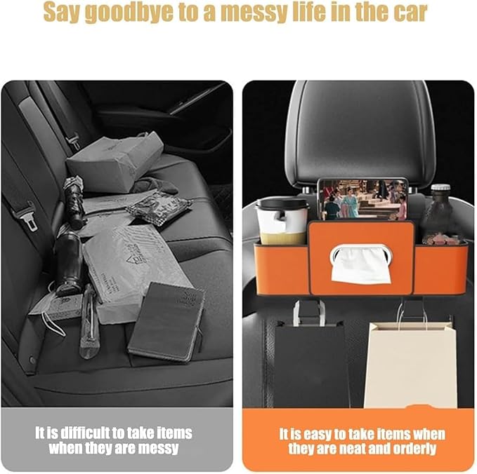 Geshus Backseat Organizers Hanging Storage, Car Seat Back Organizer With Tissue Holder, For Hold Phone,Drinks,Handbag,Compatible With Most Vehicles (Brown)