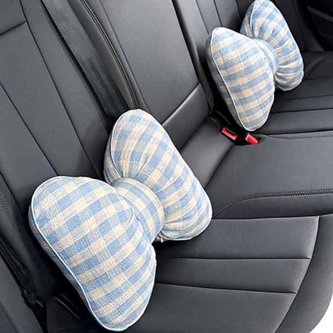 Car Accessories Plaid Bow Headrest Lumbar Pillow 4PCs Set Cotton Linen Elegant Soft Car Seat Cushions for Daily Commuting Trave (Blue Plaid,Lumbar Pillow 2pcs)