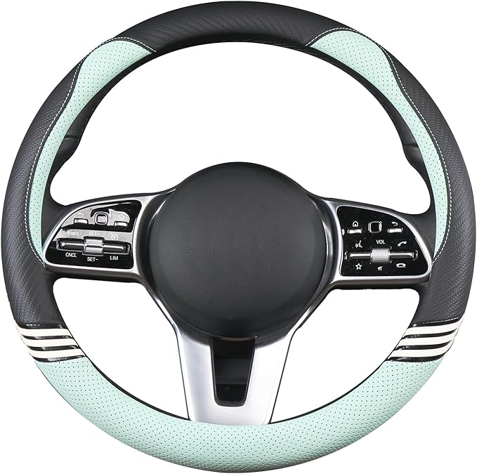 14 inch Cute Steering Wheel Cover for Women Men Faux Leather and Carbon Fiber,Black and Green