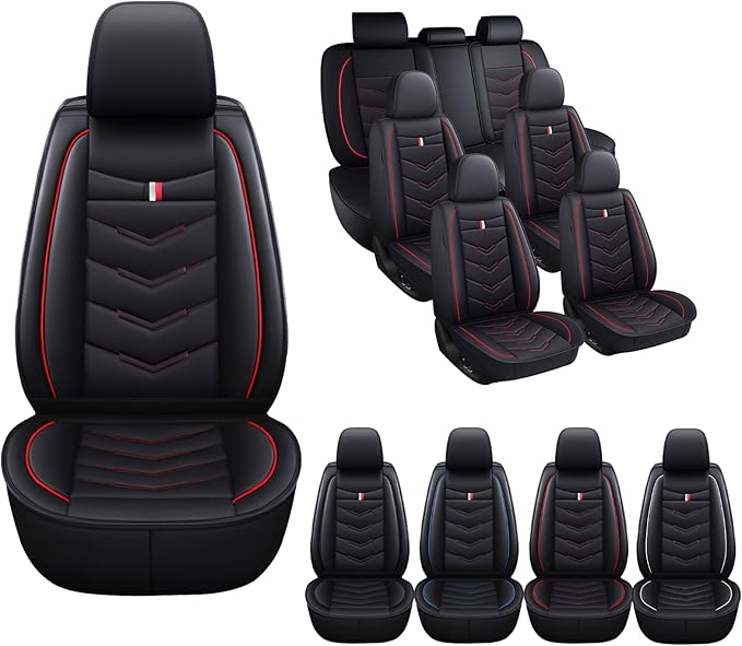 MVRVMV 3 Row 7 Seater Seat Covers for Ford Explorer 2012-2026, Airbag Compatible Front and Rear Split Bench Leather Auto Seat Protectors (7 Seat Standard, Black-Red