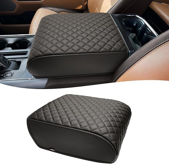 KBH Center Console Armrest Cover for 2021-2026 Ford F150, PU Leather, Middle Console Lid Protector, Arm Rest Cushion Thick Pad, King Ranch Brown (Fits Bucket Seat Console Only)