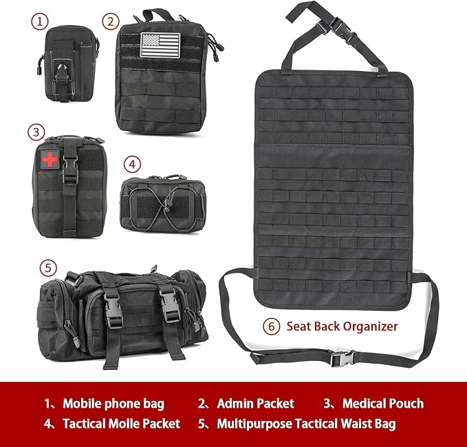 Z8 Tactical Car Seat Back Organizer with 5 Detachable Molle Pouches - Universal Fit for Most Vehicles