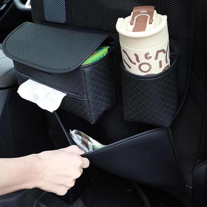 PU Leather Car Seat Back Organizer with Kick Mat Protectors, Tissue Holder, Water Bottle Holder, Phone Holder for Road Trips. Black (Black)