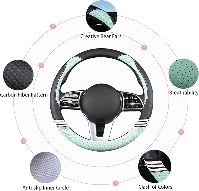 14 inch Cute Steering Wheel Cover for Women Men Faux Leather and Carbon Fiber,Black and Green