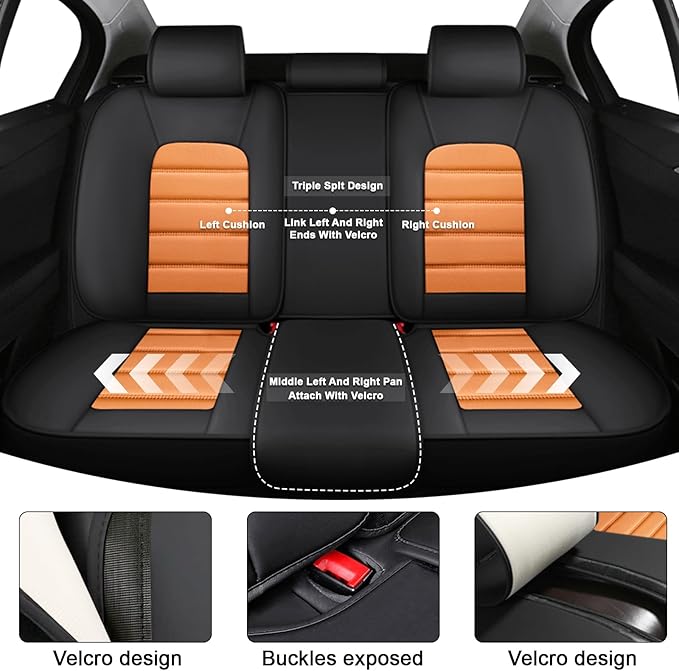 AREKA 5 Car Seat Covers for Honda Civic 2002-2026 Breathable Leather,Waterproof Car Seat Protectors with Comfort Headrest Pillows,Automotive Vehicle Cushion with Storage Pockets (Luxury,Orange)