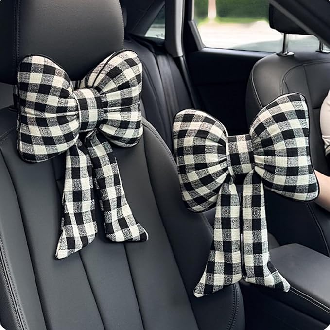 Car Accessories Plaid Bow Headrest Lumbar Pillow 4PCs Set Cotton Linen Elegant Soft Car Seat Cushions for Daily Commuting Trave (Black Plaid,Headrest 2pcs)