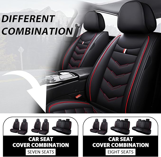MVRVMV 8 Seat Covers for Honda Pilot 2010-2026, Waterproof Anti-Slip Car Seat Cover Compatible with Airbags (8 Seat Standard, Black-Red