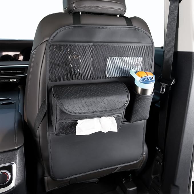 PU Leather Car Seat Back Organizer with Kick Mat Protectors, Tissue Holder, Water Bottle Holder, Phone Holder for Road Trips. Black (Black)