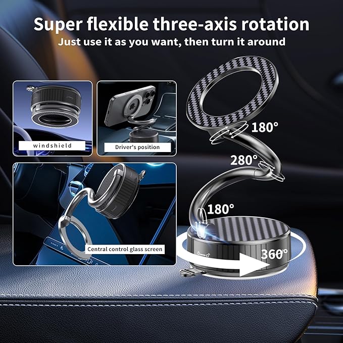 MagSafe Magnetic Phone Holder for Car, 2-in-1 Car Mount 360° Rotating Vacuum Suction Dashboard & Windshield Phone Holder, Strong N55 Mega Magnet Mount for iPhone 17/16/15/14/13/12 & All Smartphones
