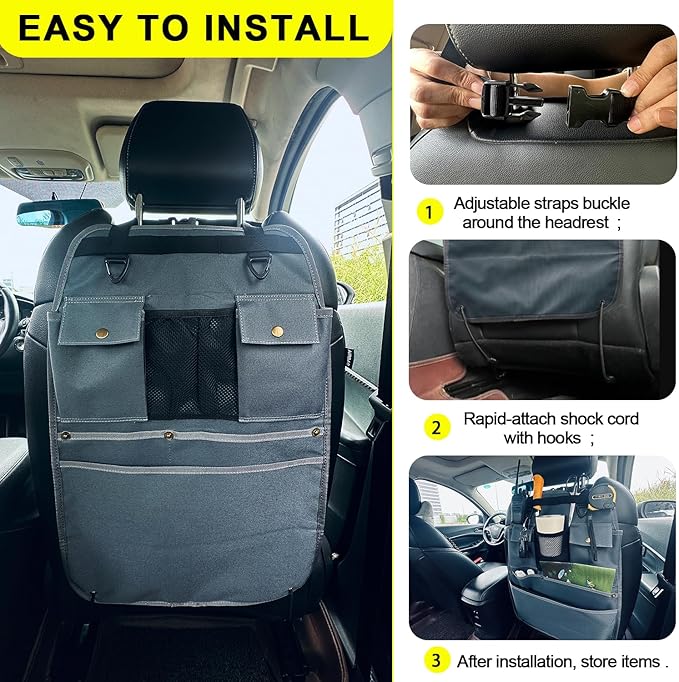 BEATUNEE Car Seat Back Organizer with Multiple Pockets and Hooks (grey)