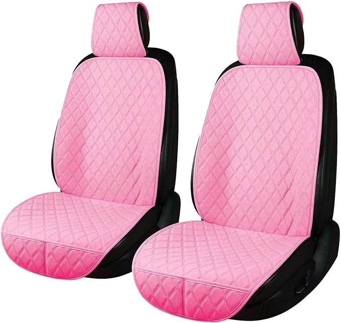 BaoLL 2PCS Linen Front Seat Covers for Cars Sideless Seat Covers Breathable Cloth Fabric Car Seat Protector Universal Fit Most Automotive, SUV, Trucks, Van(Pink)