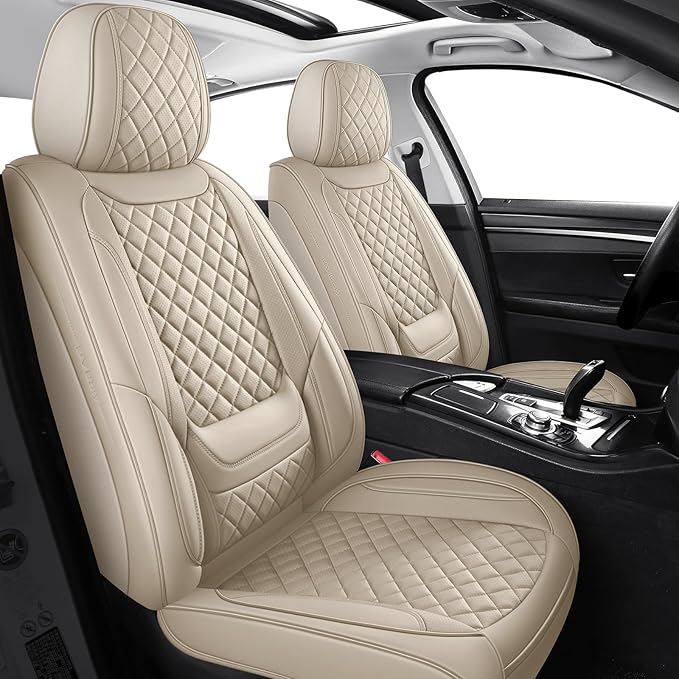 SCOMEE Beige Leather Car Seat Covers Front Seat Breathable Seat Protectors Waterproof Automotive Seat Covers Universal Fit for Most Cars SUVs Trucks Vehicles