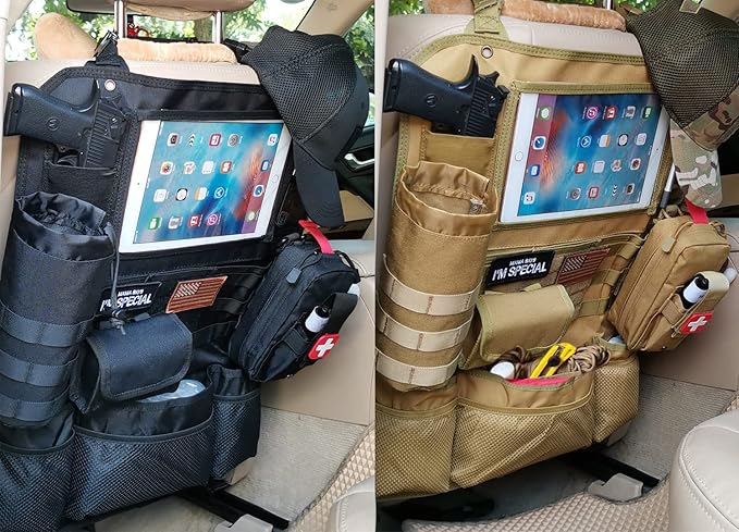 Upgrade Tactical Seat Back Organizer Molle Car Seat Organizer with 4 Detachable Pouches: Trauma Medical Pouch, Water Bottle Pouch, Vehicle Protector Organizers (Modern B TAN)