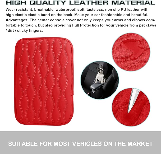 x xotic tech Car Center Console Cushion Pad, Universal Waterproof Leather Armrest Seat Box Cover Protector Auto Interior Accessories for Most Cars, SUV, Truck 7.8" x 12" (Red)