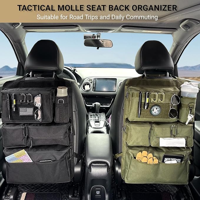 Tactical Seat Back Organizer Heavy Duty MOLLE Panel Organizer with Multiple Pockets & Hook Loop Panel for Road Trip Essentials, Universal Fit for Car SUV Truck Jeep (Army Green)
