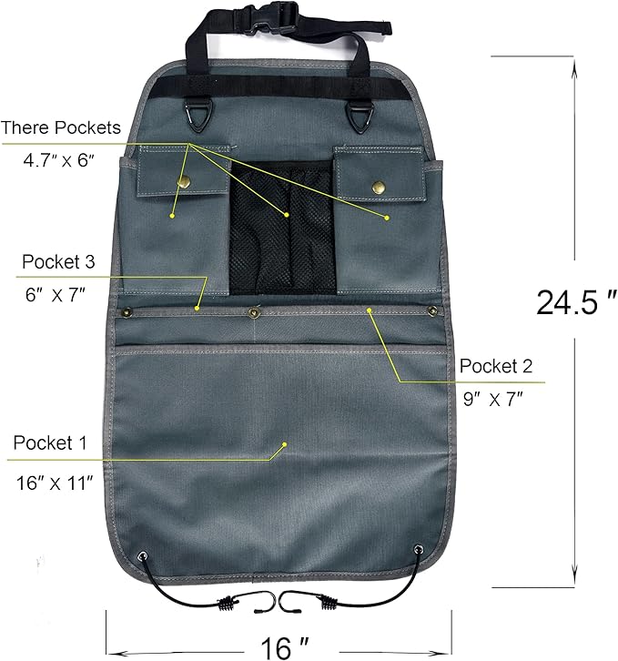 BEATUNEE Car Seat Back Organizer with Multiple Pockets and Hooks (grey)