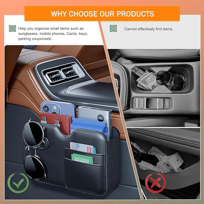 Tumecos Foldable Car Storage Box with Glasses Clip,Multifunctional Seat Back Organizer,Trash Can, Auto Door Side Pocket,Storage Bag,Car Accessories Organizer Box