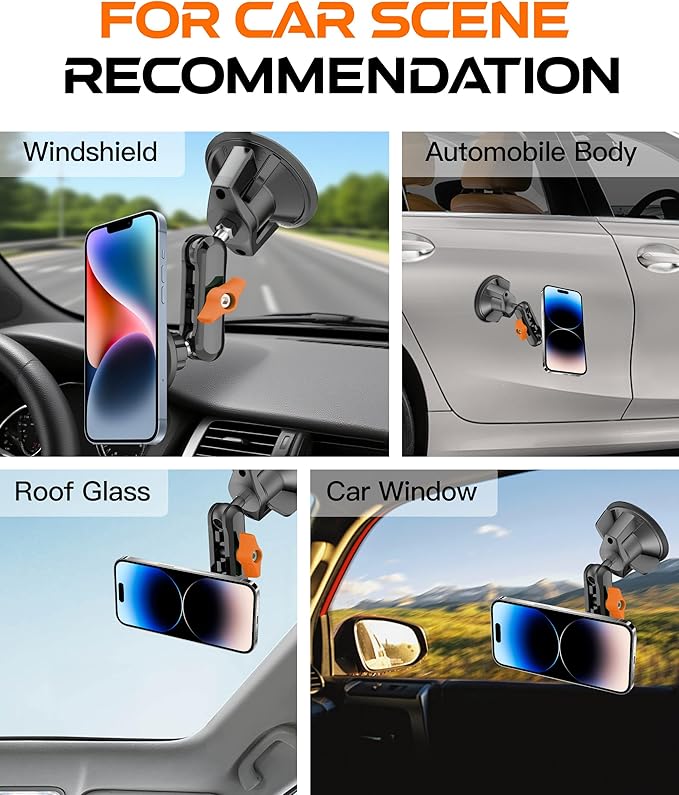 chubbycable ChubbyGrip Magnetic Dash Mount Vacuum Magnetic Phone Holder for Your Car 360° Adjustable Suction Cup Car Phone Mount for Windshield Dashboard, Magnetic Phone Holder, Orange