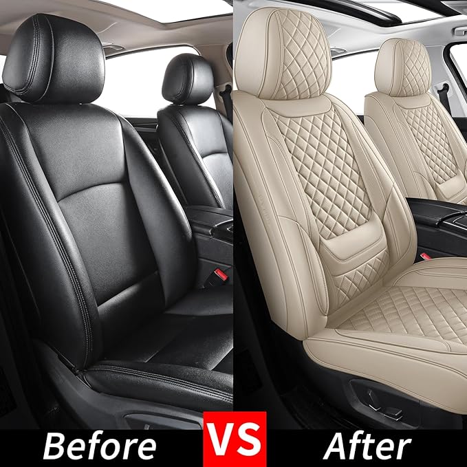 SCOMEE Beige Leather Car Seat Covers Front Seat Breathable Seat Protectors Waterproof Automotive Seat Covers Universal Fit for Most Cars SUVs Trucks Vehicles