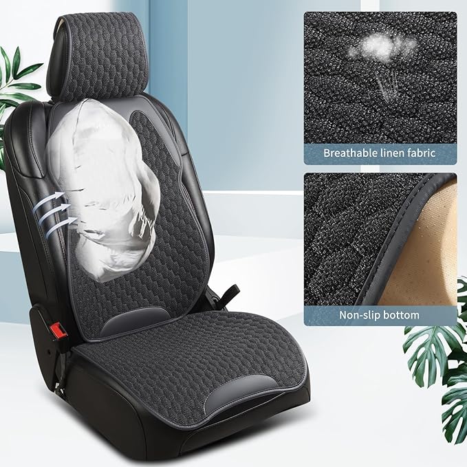 Gripure Breathable Linen Car Seat Cover Protector for Front Seats – Durable, Non-Slip, Airbag Compatible, Universal Fit for Sedans, SUVs, Pickups (2pcs, Black)