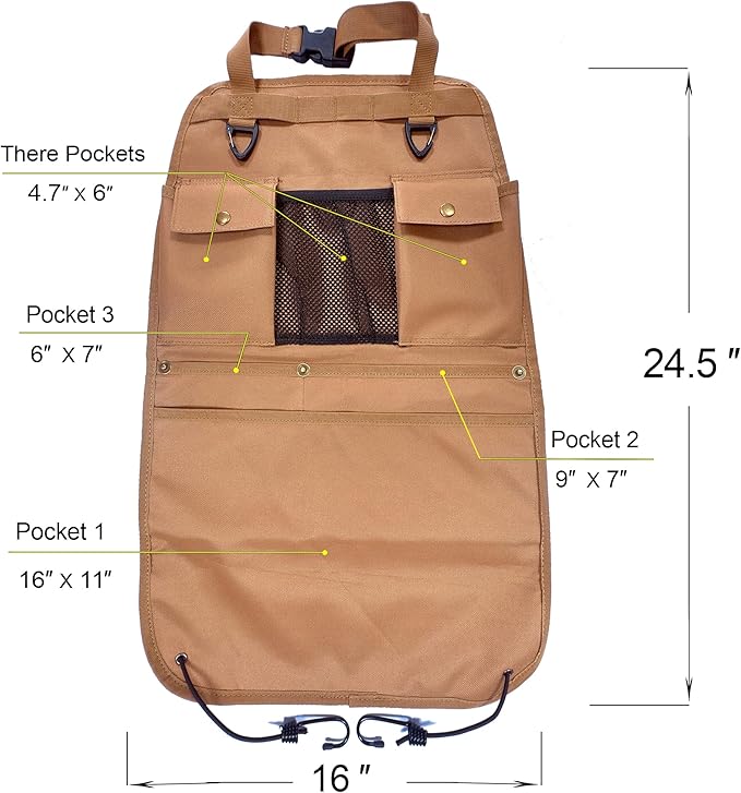 BEATUNEE Car Seat Back Organizer with Multiple Pockets and Hooks (brown)