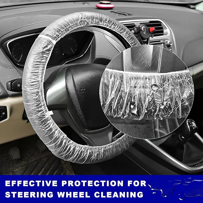 100PCS Universal Disposable Steering Wheel Cover, Plastic Transparent Car Steering Wheel Protector with Elastic Trims, Steering Wheel Covers for Automotive Service Body Shops