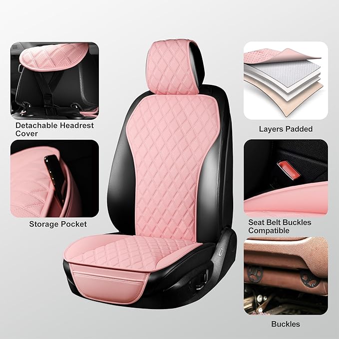 BaoLL 2PCs Front Car Seat Covers, Leather Seat Covers with Steering Wheel Cover and Two Seat Belt Pads, Waterproof Seat Covers for Cars Universal Fit 95% Vehicles (Pink)