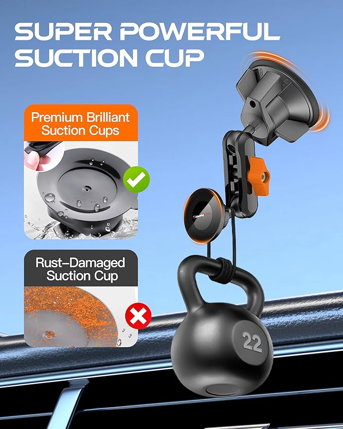 chubbycable ChubbyGrip Magnetic Dash Mount Vacuum Magnetic Phone Holder for Your Car 360° Adjustable Suction Cup Car Phone Mount for Windshield Dashboard, Magnetic Phone Holder, Orange