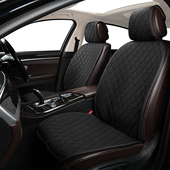 BaoLL 2PCS Linen Front Seat Covers for Cars Sideless Seat Covers Breathable Cloth Fabric Car Seat Protector Universal Fit Most Automotive, SUV, Trucks, Van(Black)