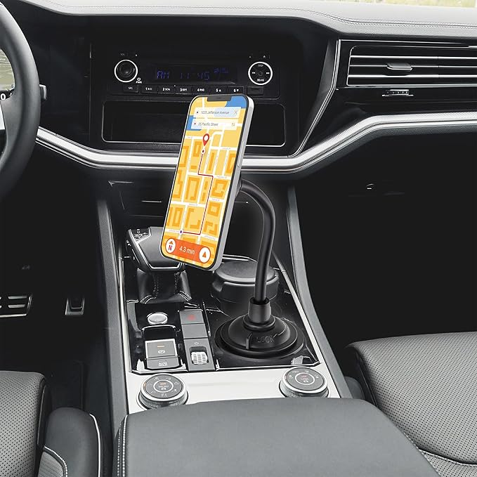 Armor All Magnetic Phone Mount for Car, Cupholder Phone Holder for MagSafe Phones, iPhones, Adjustable Gooseneck Design, Includes Universal Magnet Ring for Samsung, Non-Magnetic Phones, & Cases