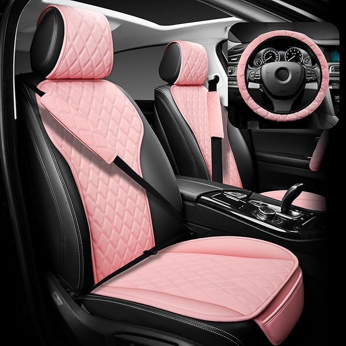 BaoLL 2PCs Front Car Seat Covers, Leather Seat Covers with Steering Wheel Cover and Two Seat Belt Pads, Waterproof Seat Covers for Cars Universal Fit 95% Vehicles (Pink)