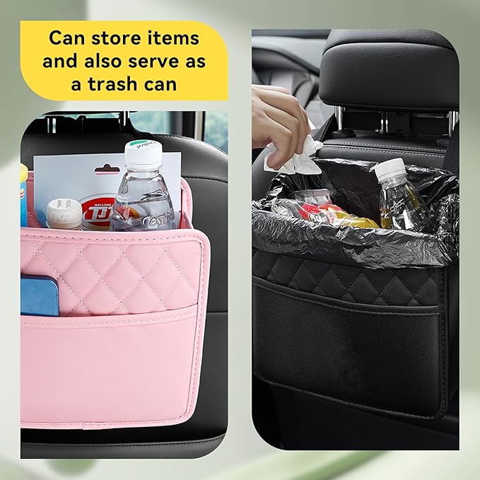 Car Seat Back Organizer, PU Leather Vehicle Backseat Hanging Storage Pocket, Multipurpose Auto Travel Essentials Accessories for Kids & Adults, Universal for Most Cars (Beige)