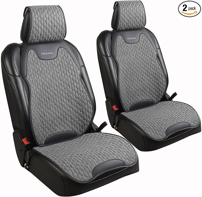 Gripure Breathable Linen Car Seat Cover Protector for Front Seats – Durable, Non-Slip, Airbag Compatible, Universal Fit for Sedans, SUVs, Pickups (2pcs, Gray)