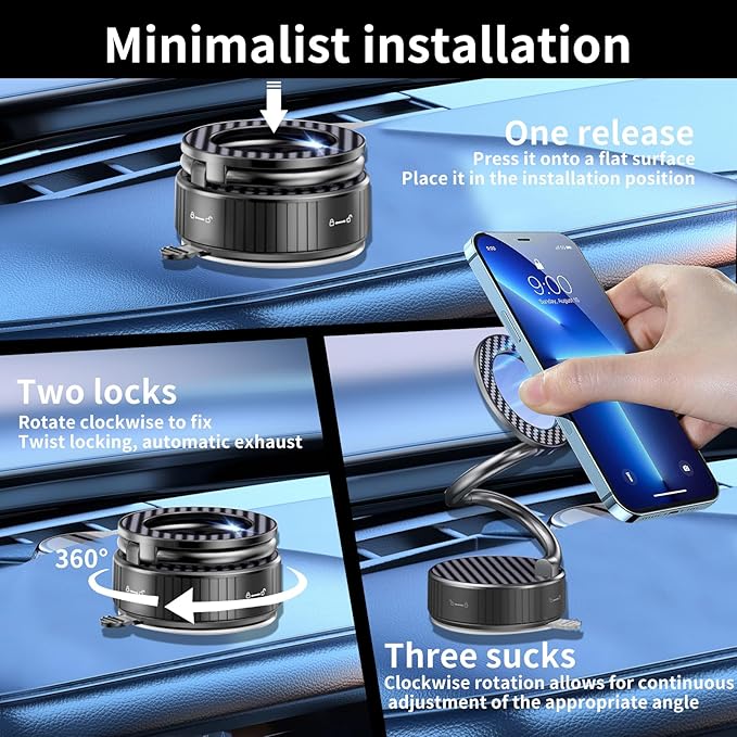 MagSafe Magnetic Phone Holder for Car, 2-in-1 Car Mount 360° Rotating Vacuum Suction Dashboard & Windshield Phone Holder, Strong N55 Mega Magnet Mount for iPhone 17/16/15/14/13/12 & All Smartphones