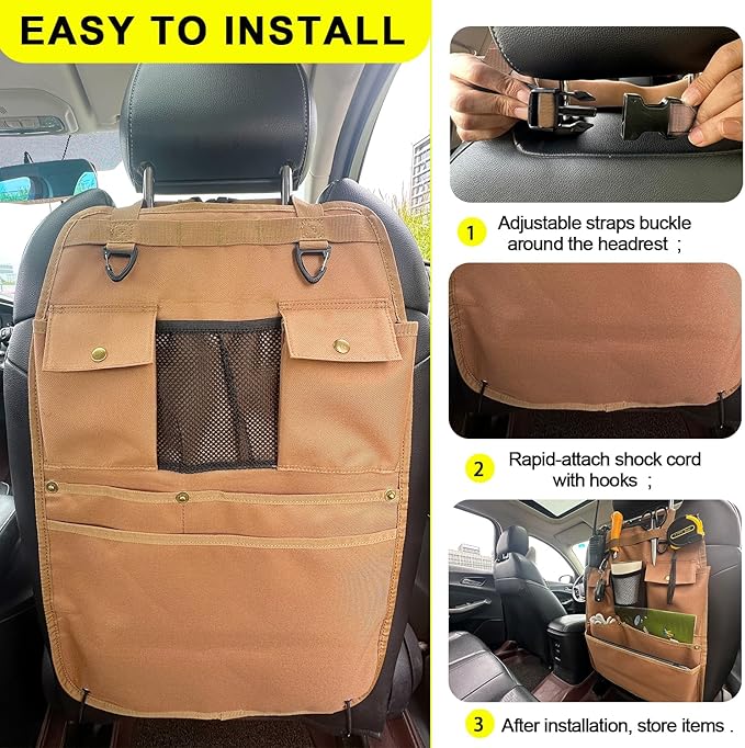 BEATUNEE Car Seat Back Organizer with Multiple Pockets and Hooks (brown)