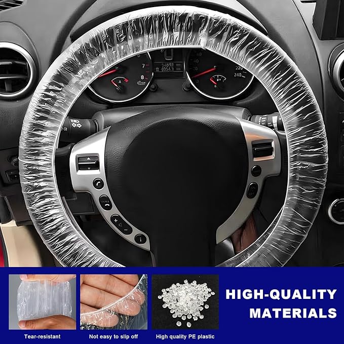 100PCS Universal Disposable Steering Wheel Cover, Plastic Transparent Car Steering Wheel Protector with Elastic Trims, Steering Wheel Covers for Automotive Service Body Shops