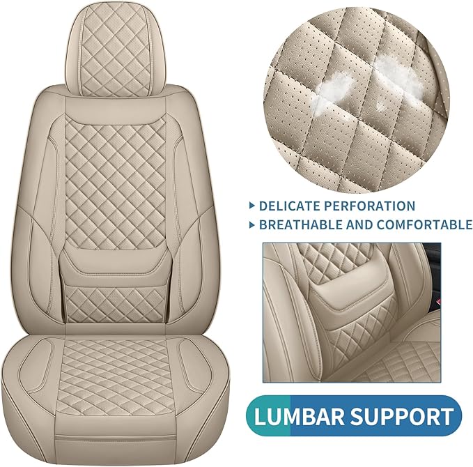 SCOMEE Beige Leather Car Seat Covers Front Seat Breathable Seat Protectors Waterproof Automotive Seat Covers Universal Fit for Most Cars SUVs Trucks Vehicles
