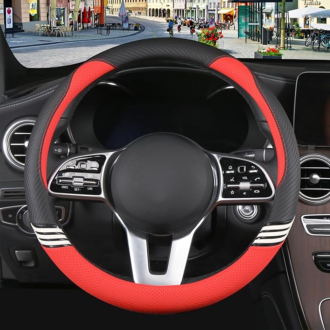 Cute Steering Wheel Cover for Women Men Leather Universal 15 inch,Black and Red
