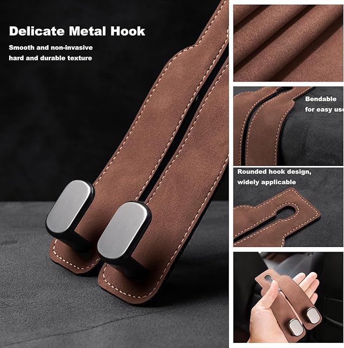 3PCS Car Seat Back Hook, Leather Car Seat Organiser Hooks, Universal Car Back Seat Headrest Hanger ,Car Seat Purse Hook,Car Hanger Storage Car Seat Back Organizer for Bags,Purses, Handbags (Brown)