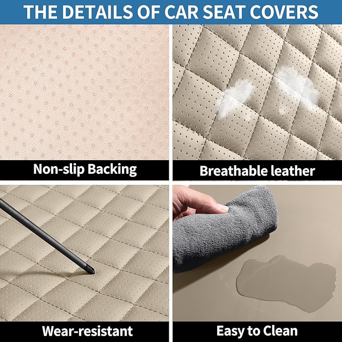 SCOMEE Beige Leather Car Seat Covers Front Seat Breathable Seat Protectors Waterproof Automotive Seat Covers Universal Fit for Most Cars SUVs Trucks Vehicles